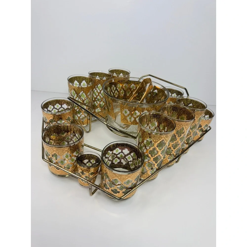 Rare Vintage Culver Valencia 22K Gold Barware Set 17-Piece Glasses Caddy MCM